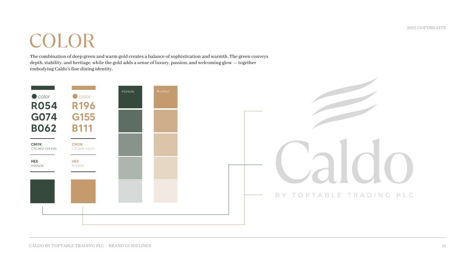 Caldo colour palette with green, gold and neutral tints