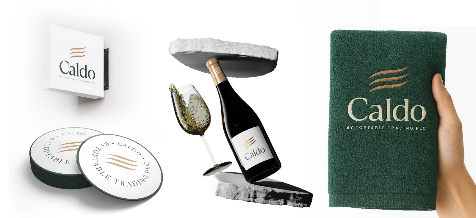 Caldo coasters, wine bottle, sign and green napkin