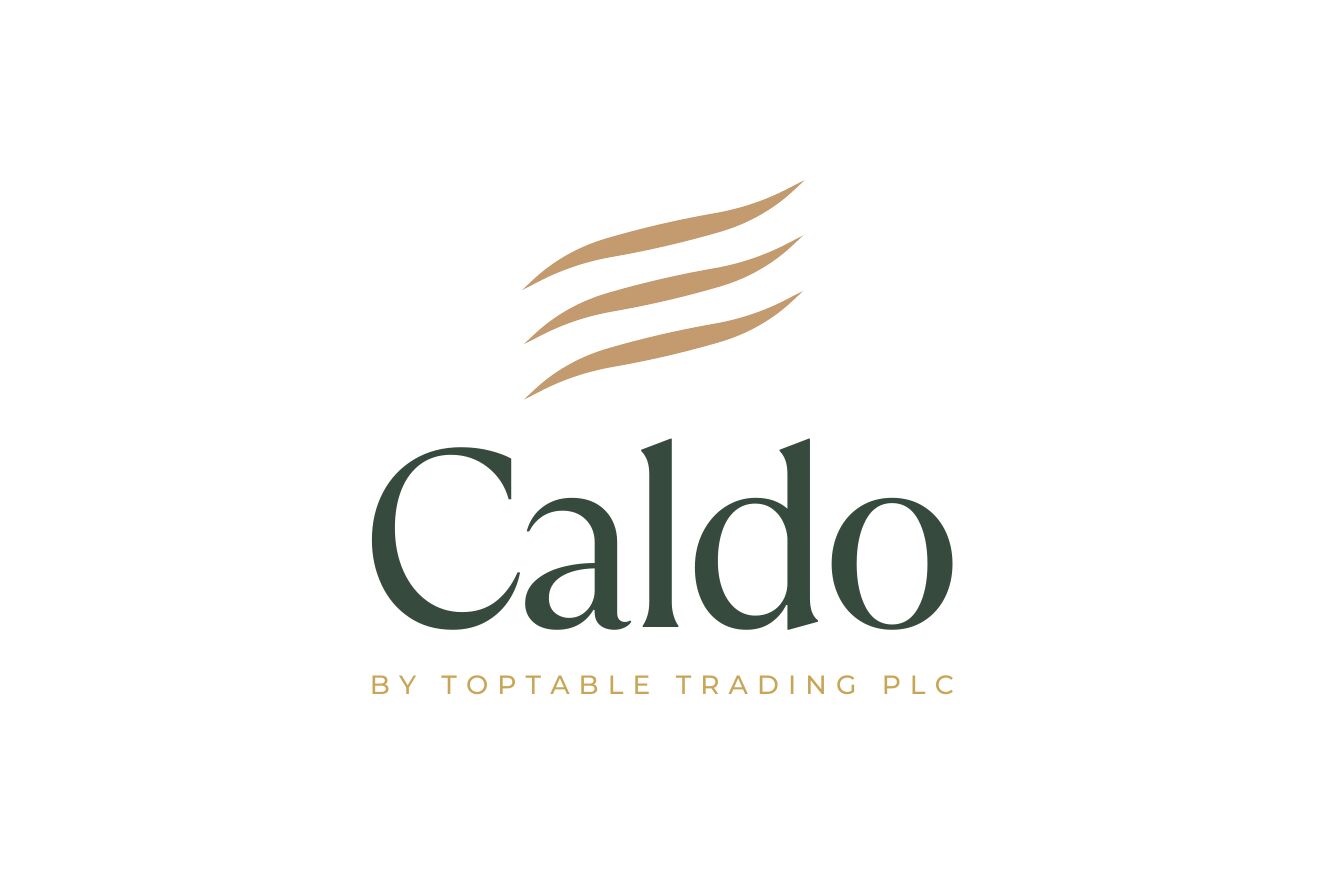 Caldo logo: three gold flame strokes above a green serif wordmark