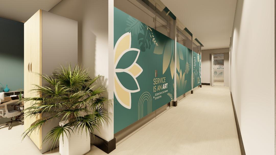 3D render of the Service Is An Art glass wall along the corridor