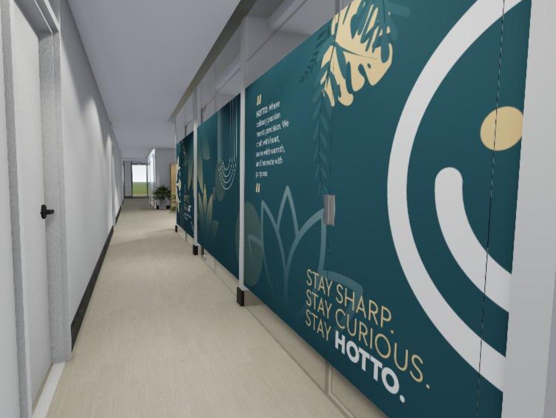 3D render of the Stay Sharp, Stay Curious, Stay Hotto wall