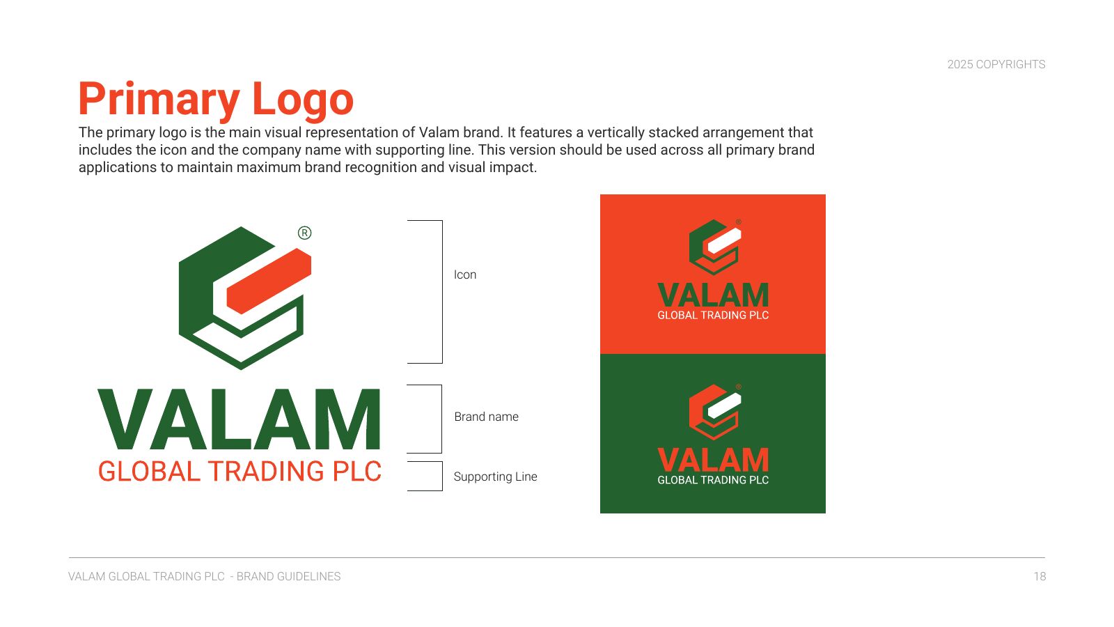 Valam primary logo on white, orange and green