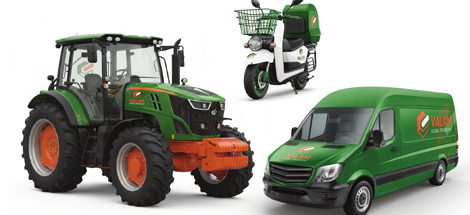 Valam branding on a tractor, scooter and green van