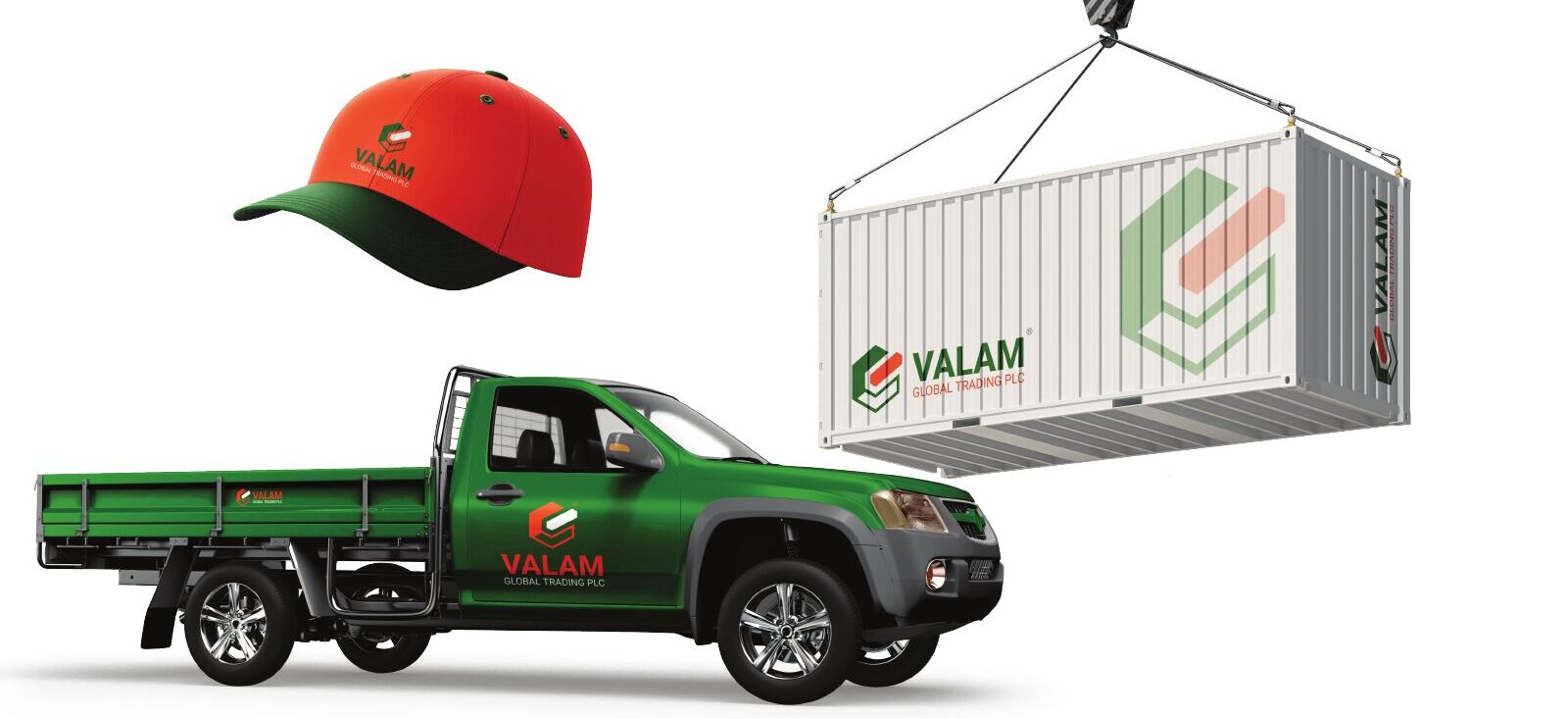 Valam branded pickup truck, cap and shipping container